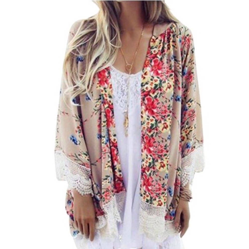 Sheer Tan Beige Floral Lace Kimono